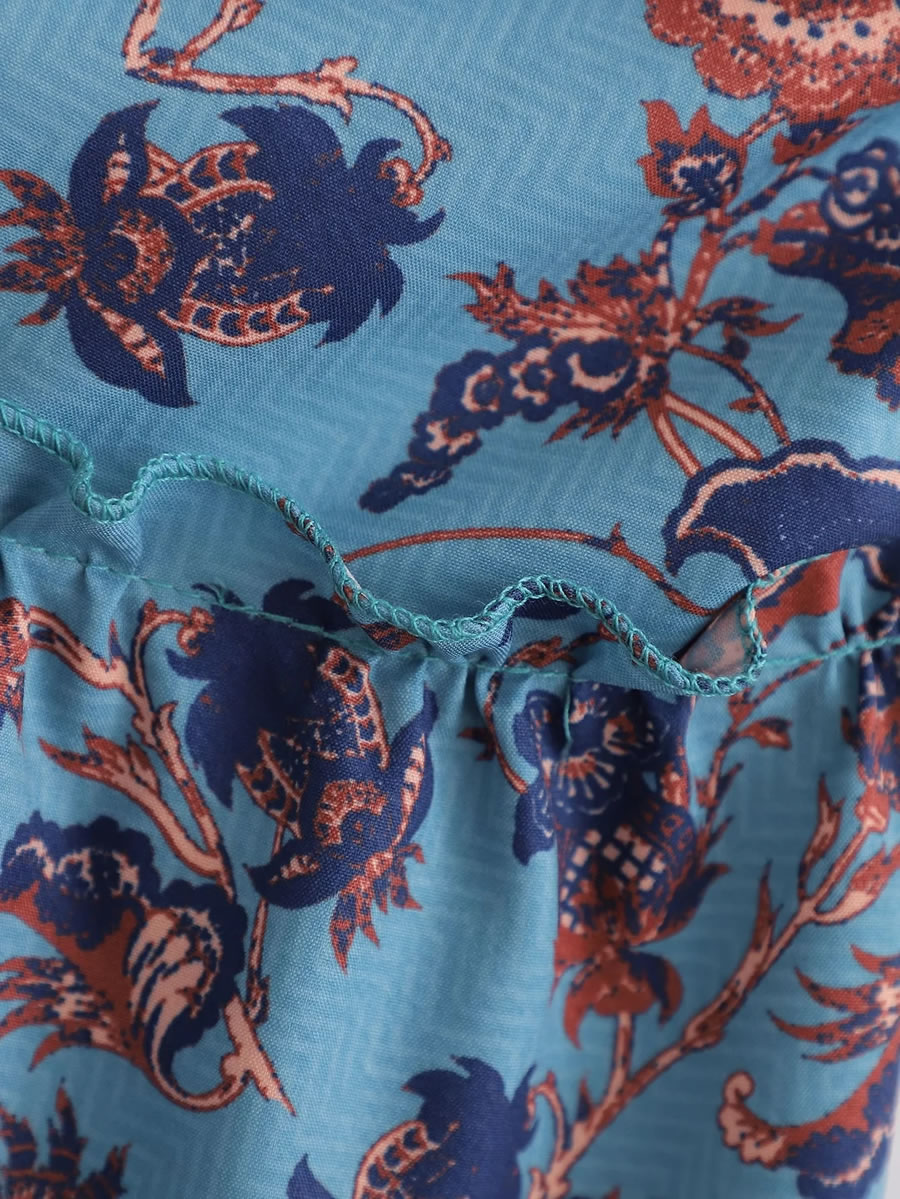 Fashion Blue Satin-print Halterneck Lace-up Dress,Long Dress