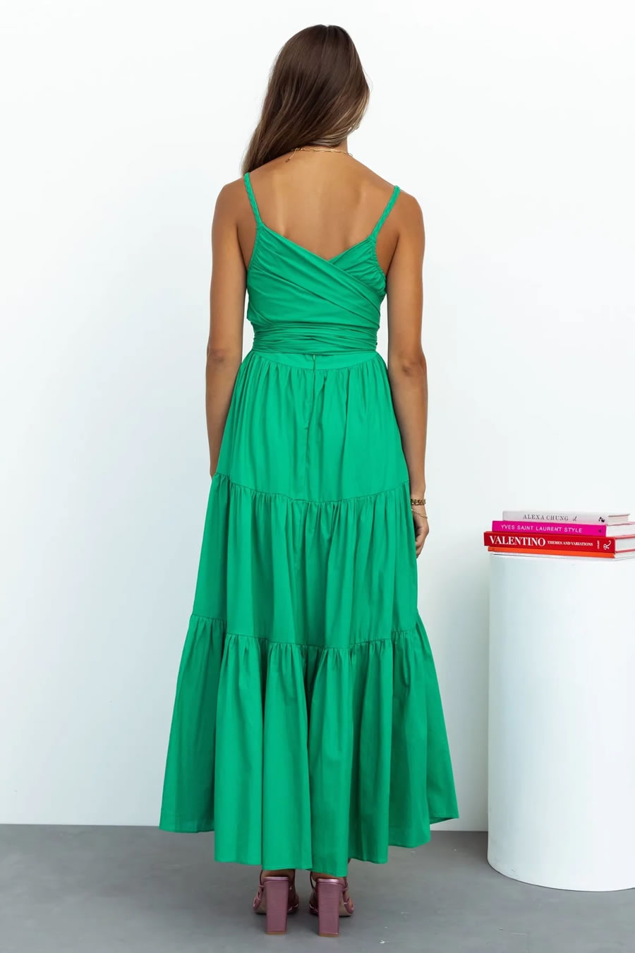 Fashion Green Woven Lace-up Suspender Skirt,Long Dress