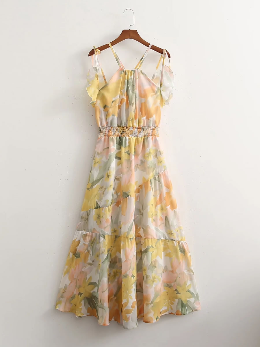 Fashion Yellow Chiffon Print Dress,Long Dress