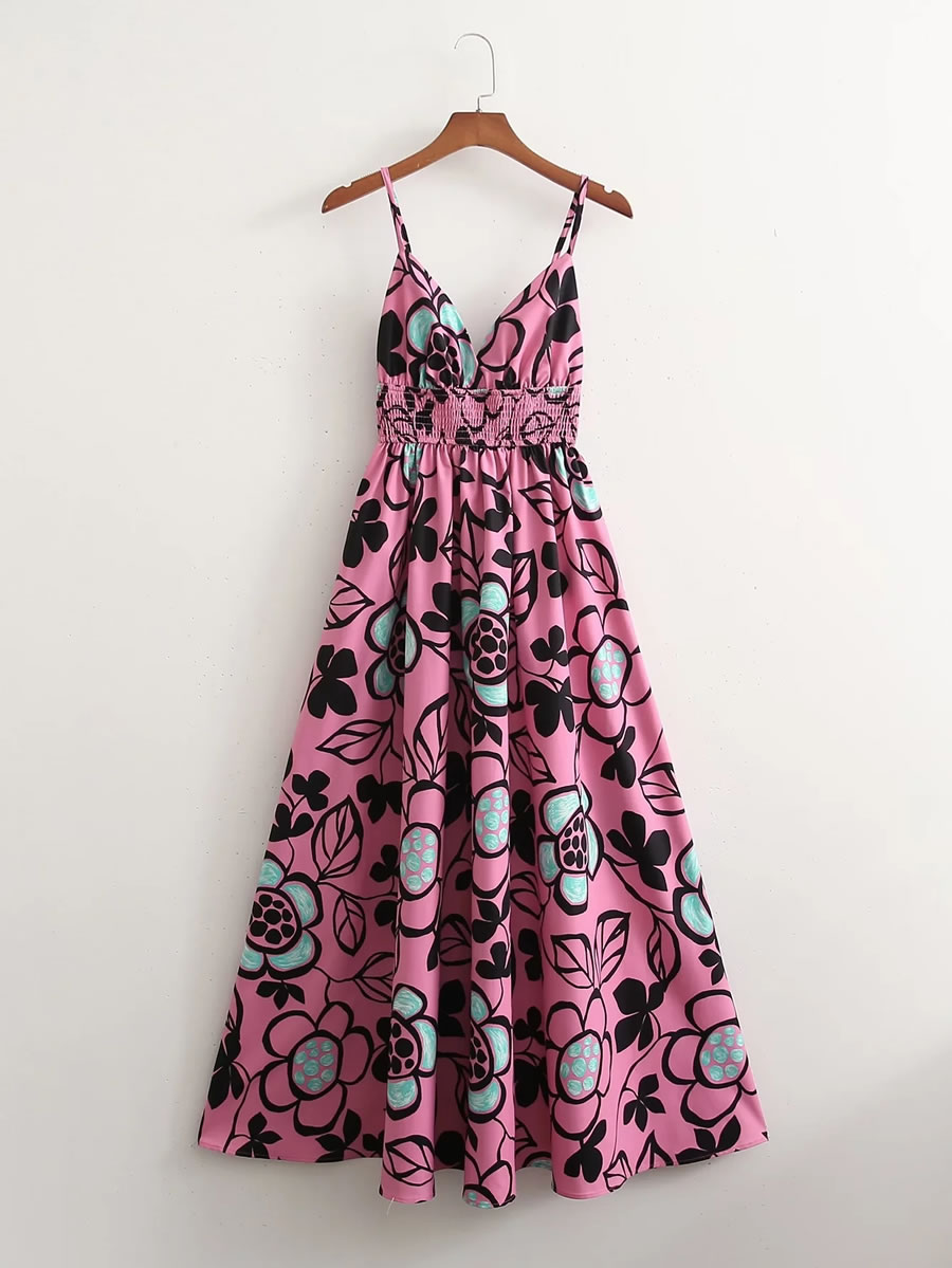 Fashion Pink Printed Slip Dress,Long Dress