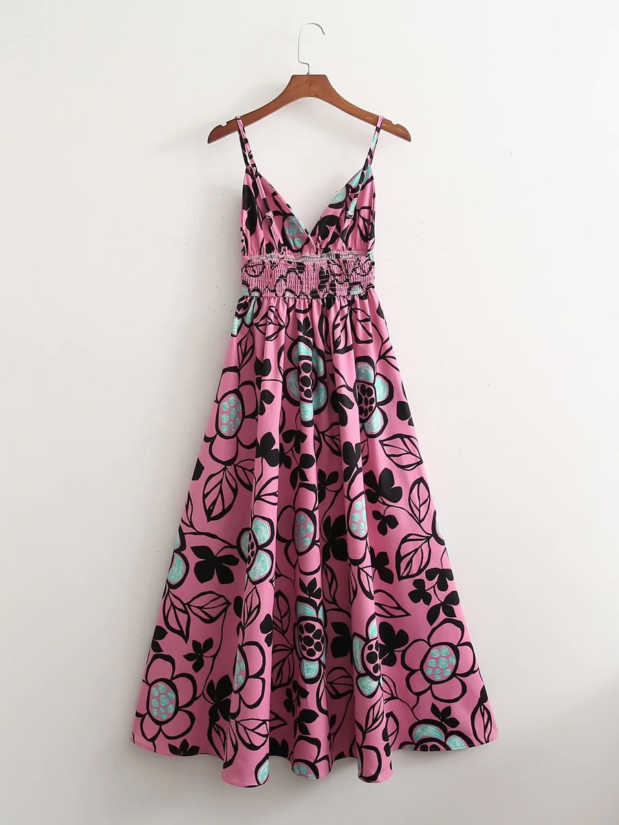 Fashion Pink Printed Slip Dress,Long Dress