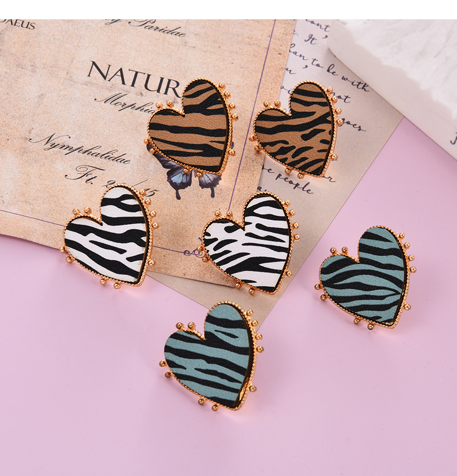 Fashion Lake Blue Alloy Pu Zebra Pattern Heart Stud Earrings,Stud Earrings