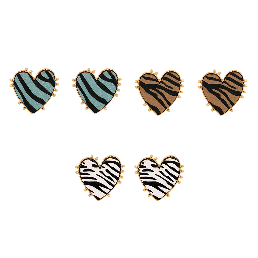 Fashion Lake Blue Alloy Pu Zebra Pattern Heart Stud Earrings,Stud Earrings