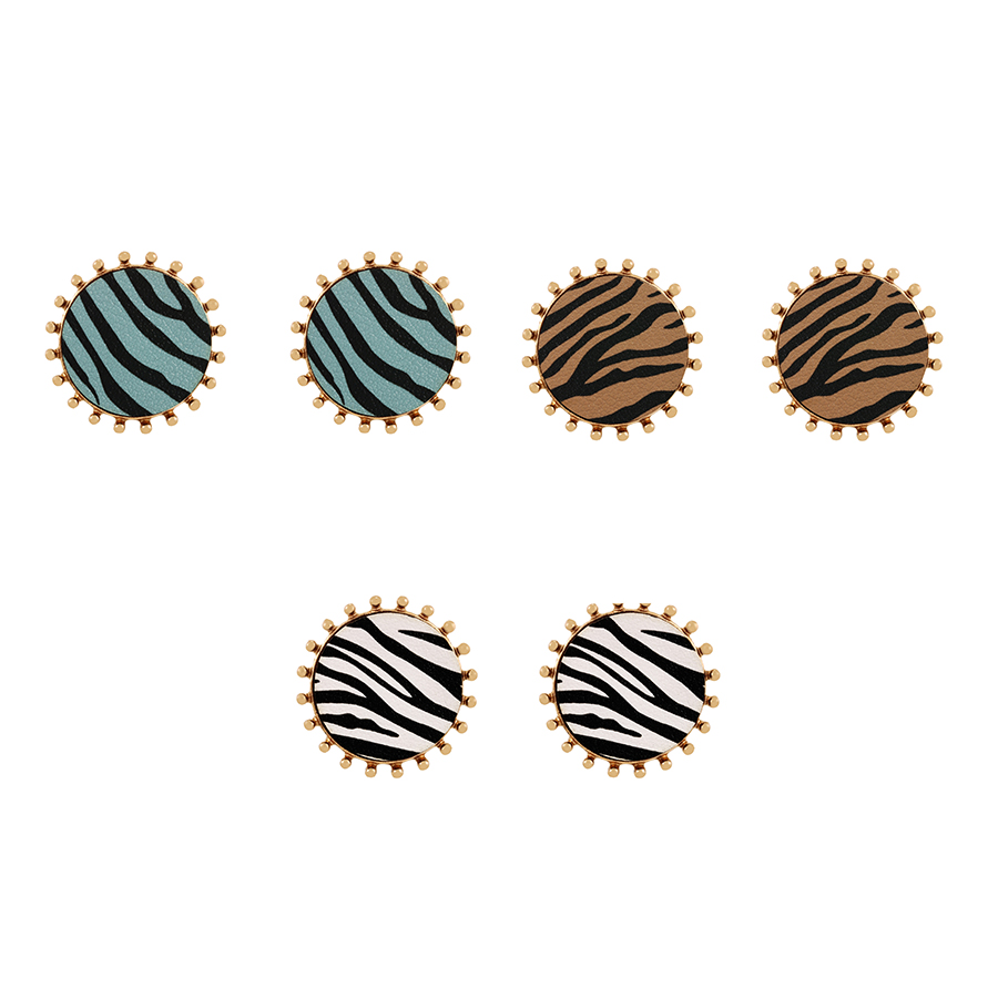 Fashion Brown Alloy Pu Zebra Pattern Round Stud Earrings,Stud Earrings