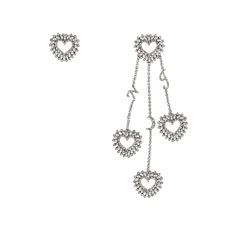 Fashion White Alloy Diamond Heart Tassel Letter Asymmetric Stud Earrings,Stud Earrings