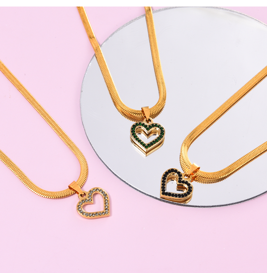 Fashion Green Titanium Steel Zircon Heart Pendant Necklace,Necklaces