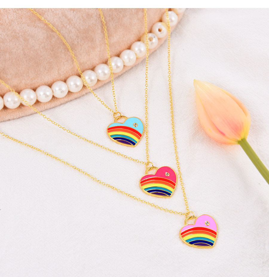 Fashion Pink Bronze Zircon Drop Oil Rainbow Heart Pendant Necklace,Necklaces