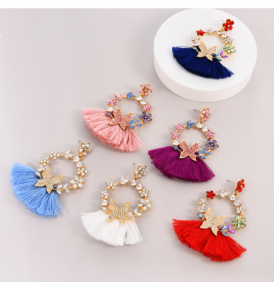 Fashion White Alloy Diamond Flower Butterfly Tassel Stud Earrings,Stud Earrings