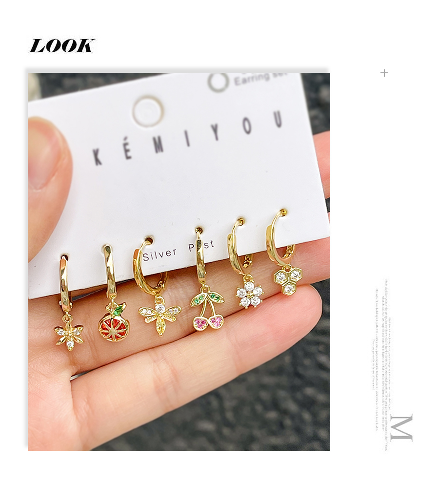 Fashion Gold 6-piece Set Of Copper Inlaid Zircon Flower Cherry Earrings,Jewelry Set