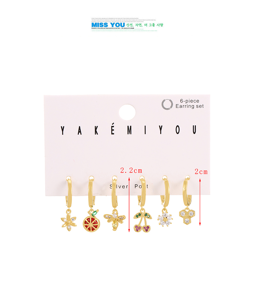 Fashion Gold 6-piece Set Of Copper Inlaid Zircon Flower Cherry Earrings,Jewelry Set