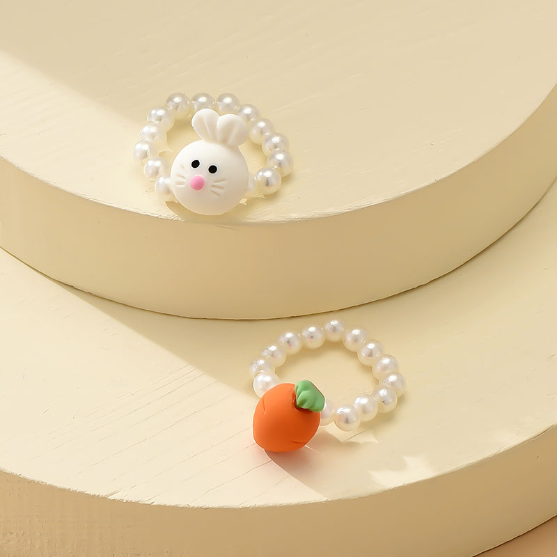 Fashion White Pearl Beaded Bunny Carrot Ring Set,Jewelry Sets
