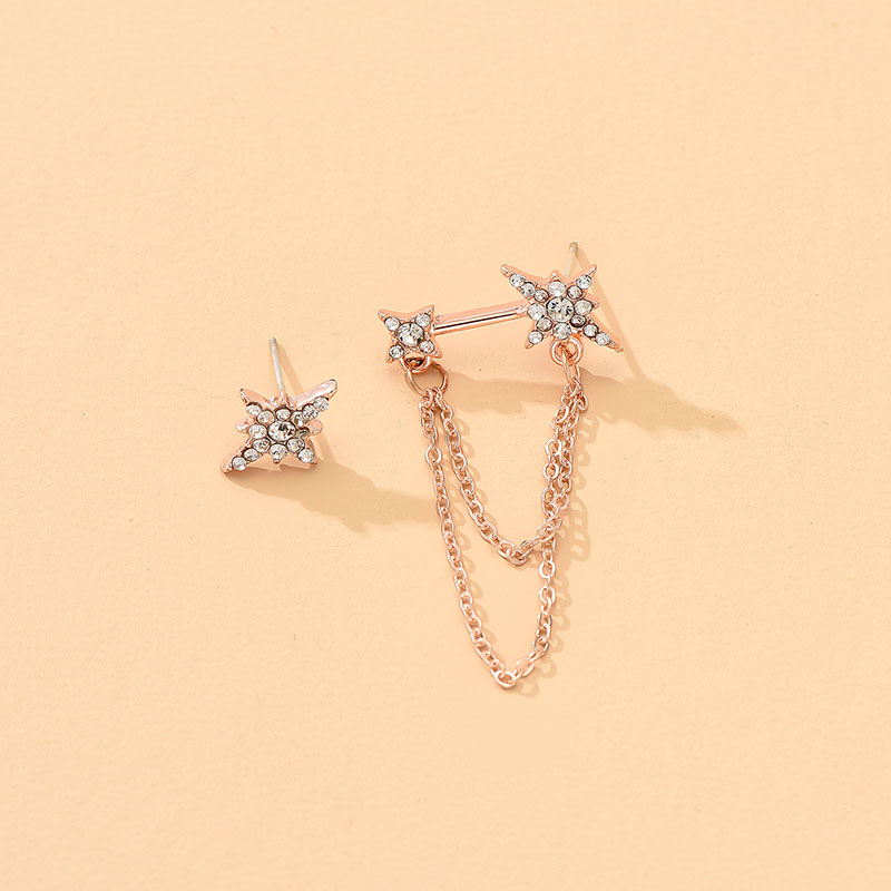 Fashion Rose Gold Color Alloy Diamond Starburst Chain Asymmetric Stud Earrings,Stud Earrings