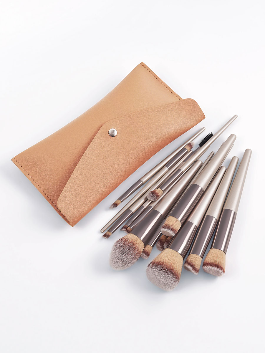 Fashion Champagne Set Of 14 Professional Champagne Gold Belt Leather Bag Makeup Brushes,Beauty tools