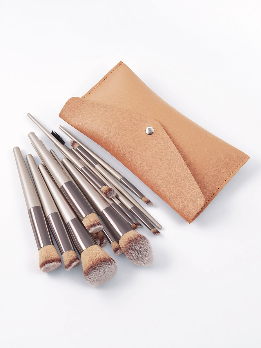 Fashion Champagne Set Of 14 Professional Champagne Gold Belt Leather Bag Makeup Brushes,Beauty tools
