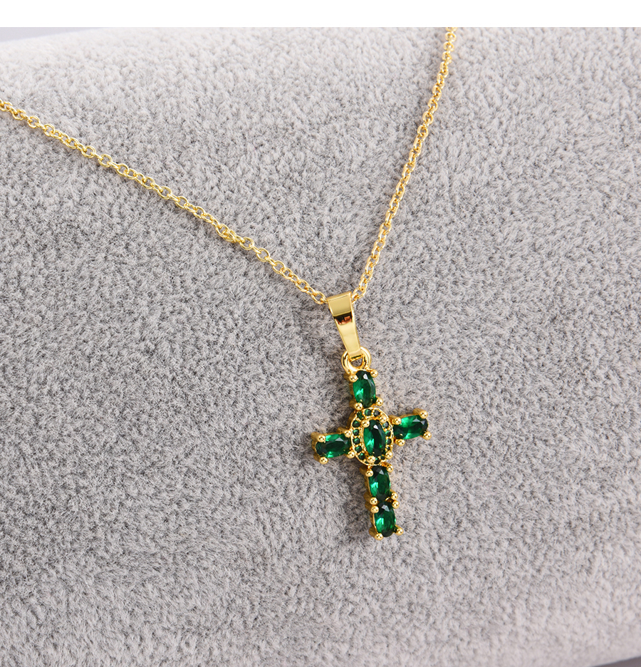 Fashion Green Bronze Zircon Cross Pendant Necklace,Necklaces
