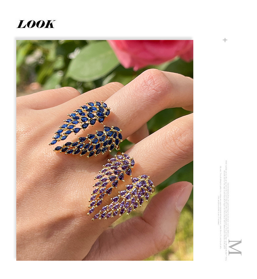 Fashion Navy Blue Copper Set Zircon Leaf Wing Ring,Rings