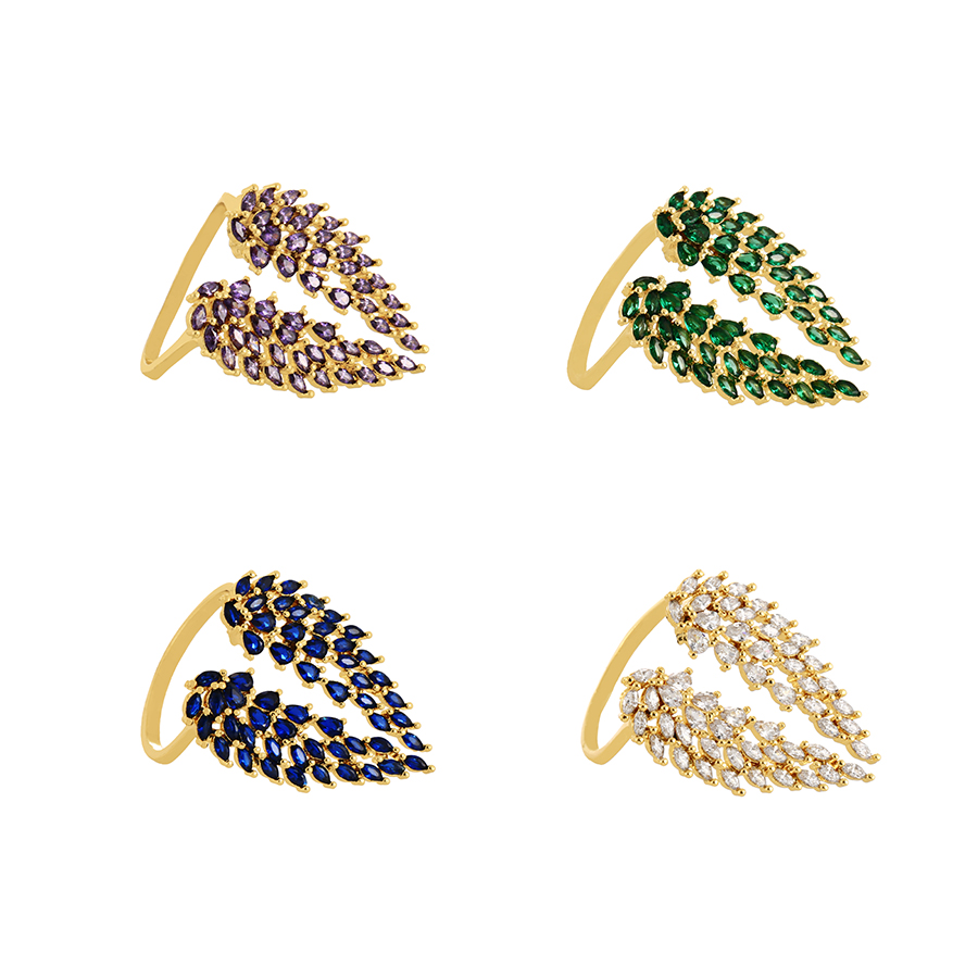 Fashion Green Copper Set Zircon Leaf Wing Ring,Rings