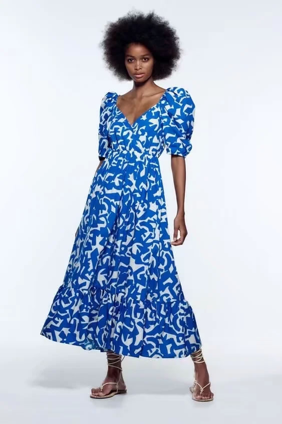 Fashion Blue Printed Square Neck Dress,Long Dress