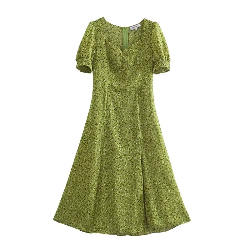 Fashion Green Geometric Print Lapel Slit Dress,Long Dress