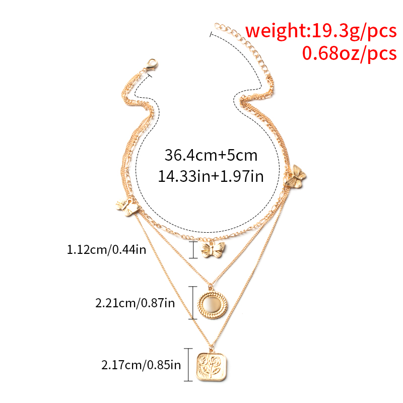 Fashion Gold Alloy Square Butterfly Round Multilayer Necklace,Multi Strand Necklaces