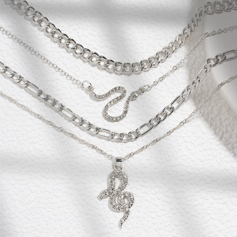 Fashion Silver Alloy Diamond Snake Layered Necklace,Multi Strand Necklaces