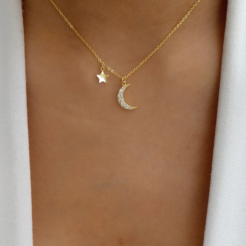 Fashion Gold Alloy Star And Moon Necklace With Diamonds,Pendants