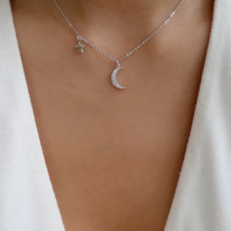 Fashion Silver Alloy Star And Moon Necklace With Diamonds,Pendants