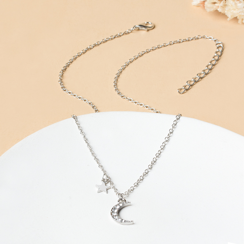 Fashion Gold Alloy Star And Moon Necklace With Diamonds,Pendants