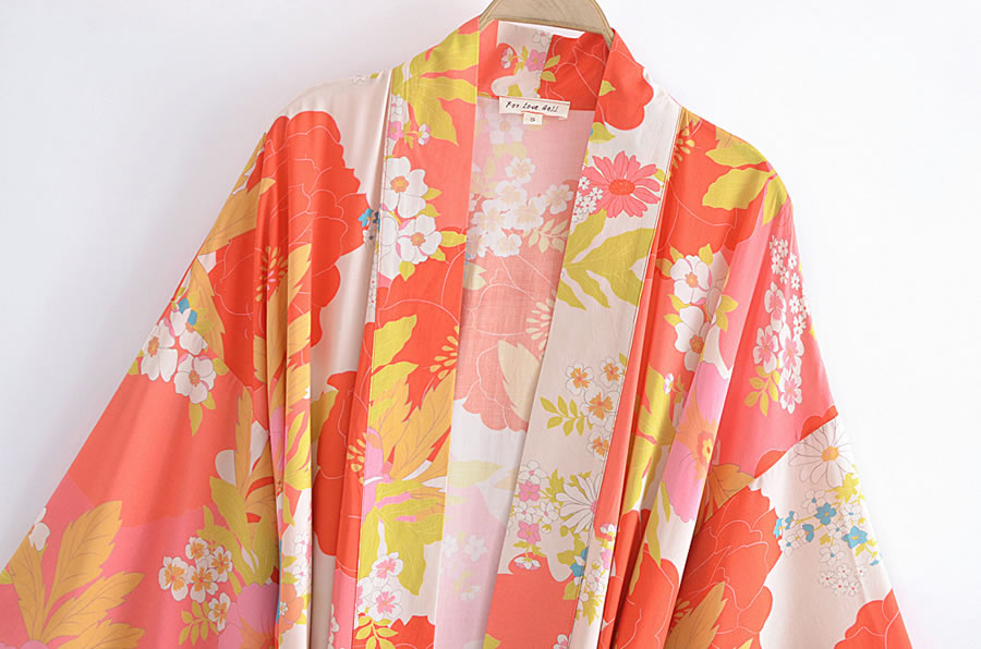 Fashion Red Cotton Print Tie Kimono Jacket,Coat-Jacket