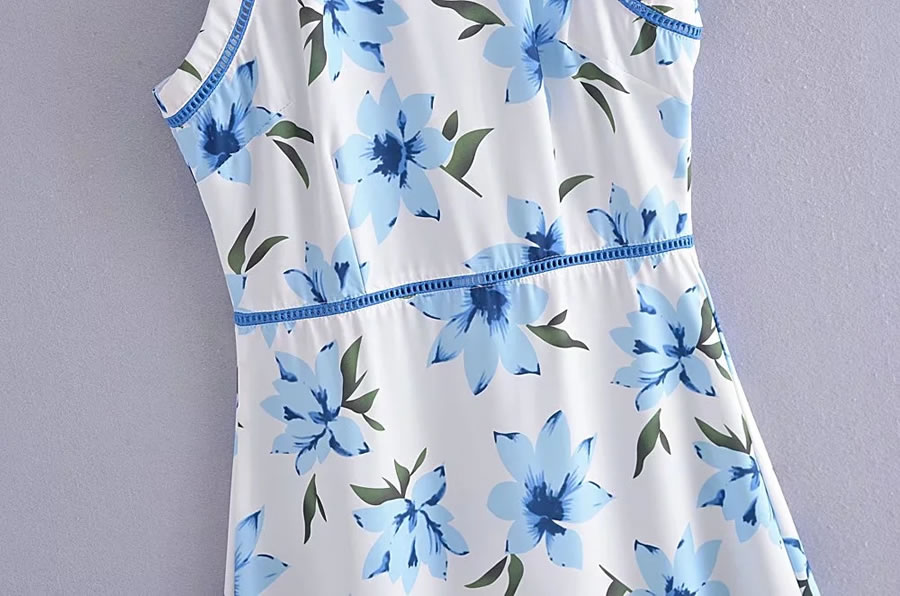 Fashion Blue Woven Print Irregular Hem Dress,Long Dress