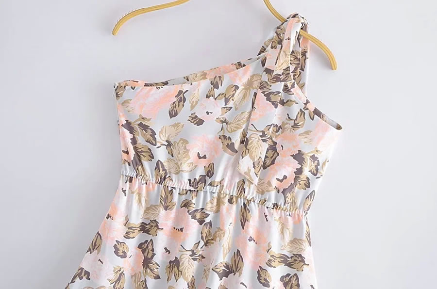 Fashion Printing Woven Print One-shoulder Lace-up Dress,Long Dress