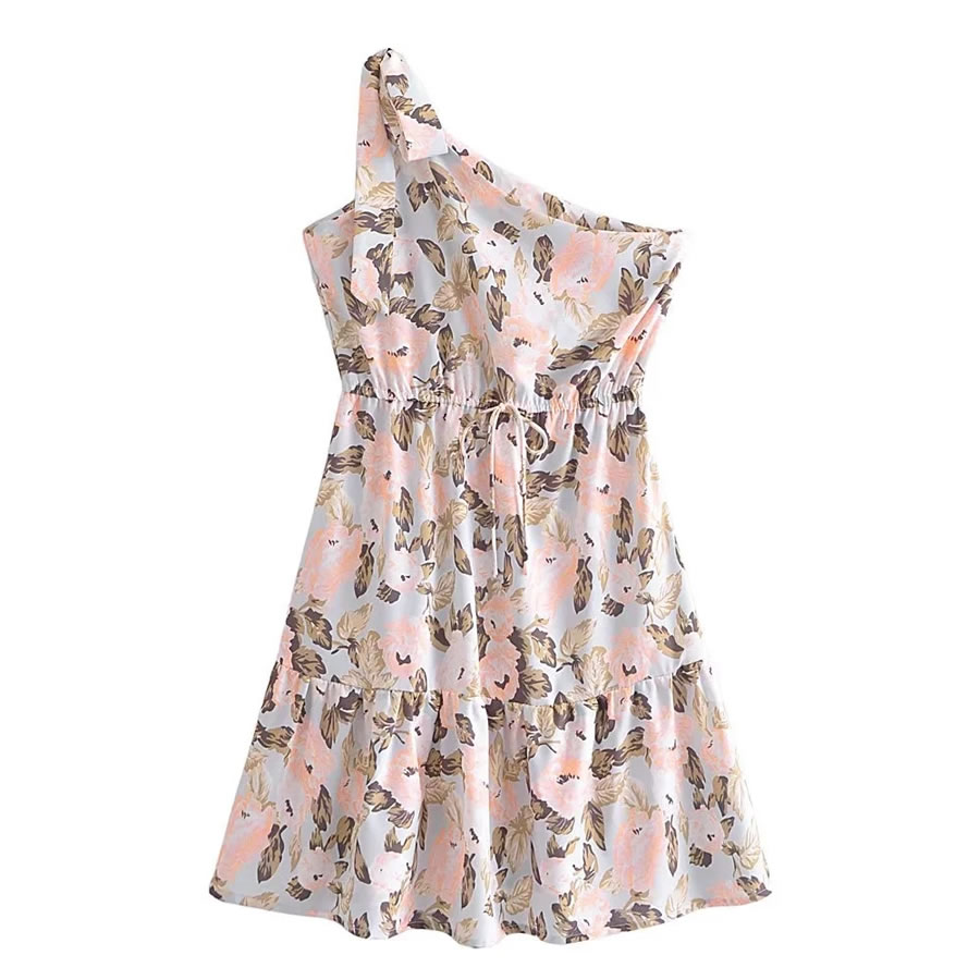 Fashion Printing Woven Print One-shoulder Lace-up Dress,Long Dress