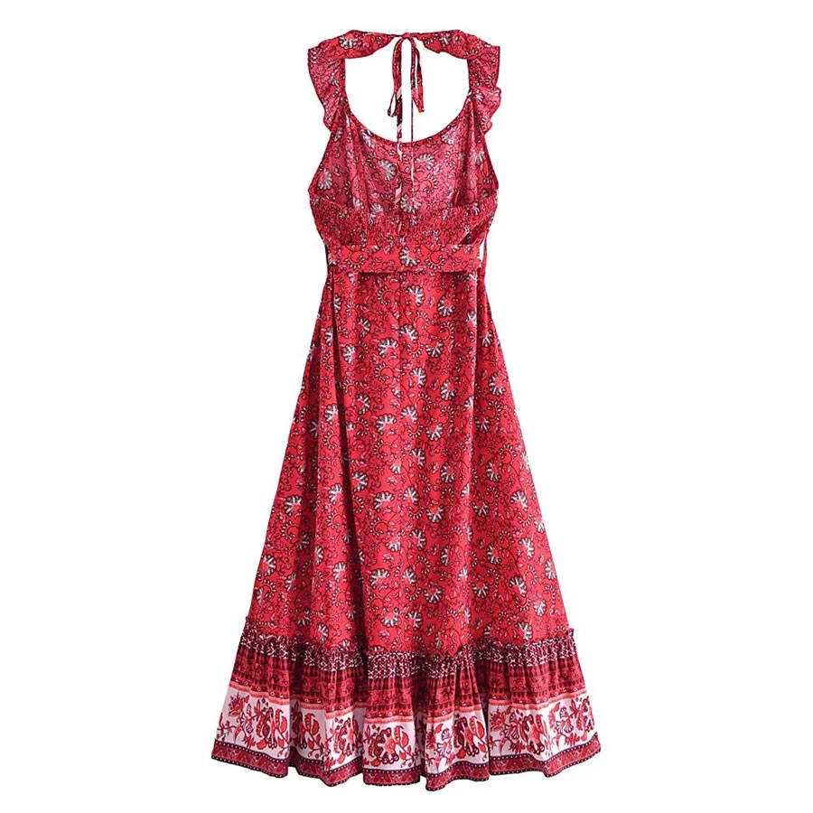 Fashion Red Rayon Print Halterneck Dress,Long Dress