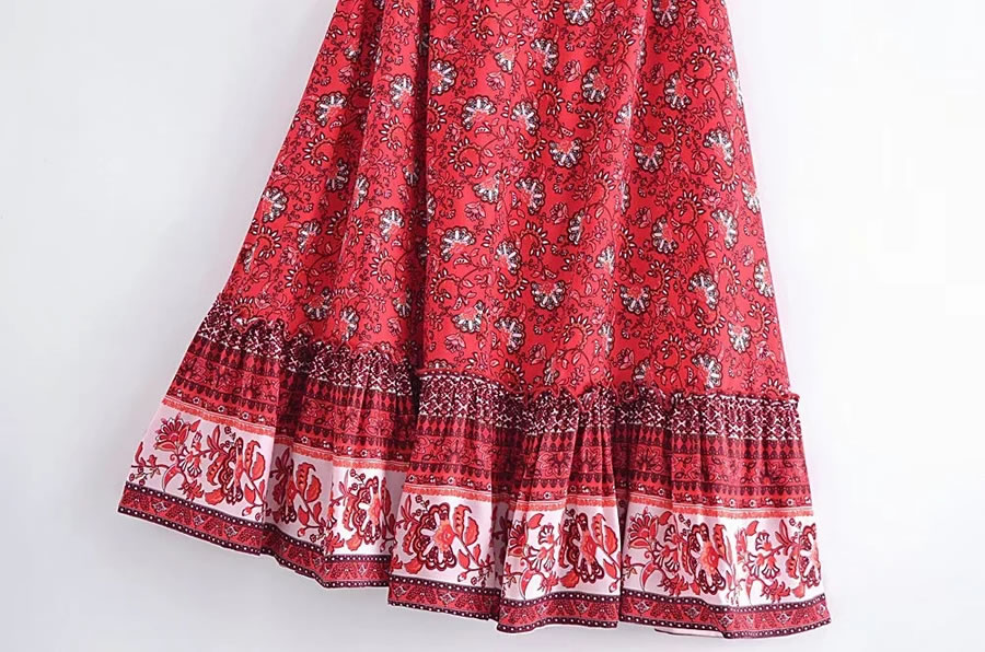 Fashion Red Rayon Print Halterneck Dress,Long Dress