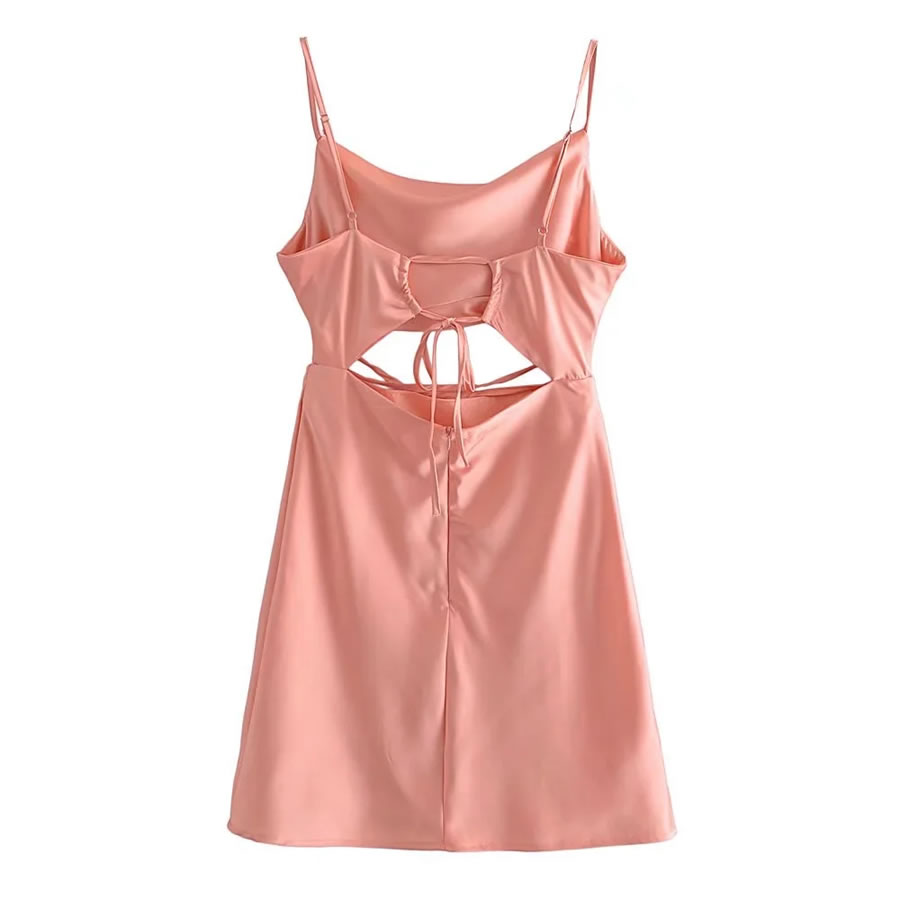 Fashion Pink Satin Lace-up Cutout Drop-neck Slip Dress,Long Dress