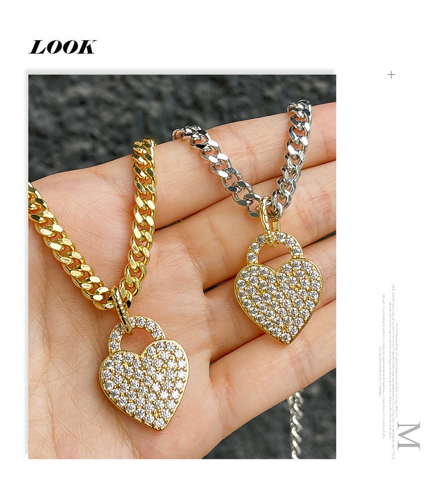 Fashion Gold Bronze Zircon Heart Pendant Chunky Chain Necklace,Necklaces