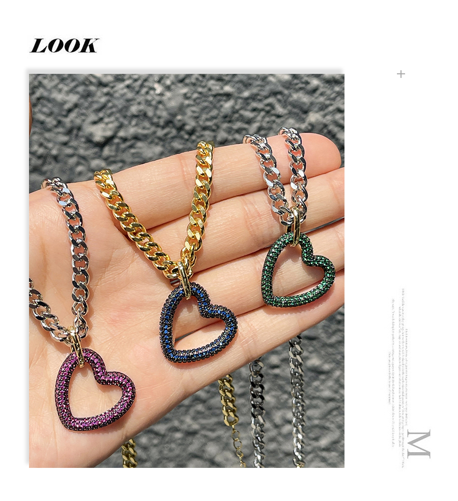 Fashion Golden Dark Blue Bronze Zircon Heart Pendant Chunky Chain Necklace,Necklaces