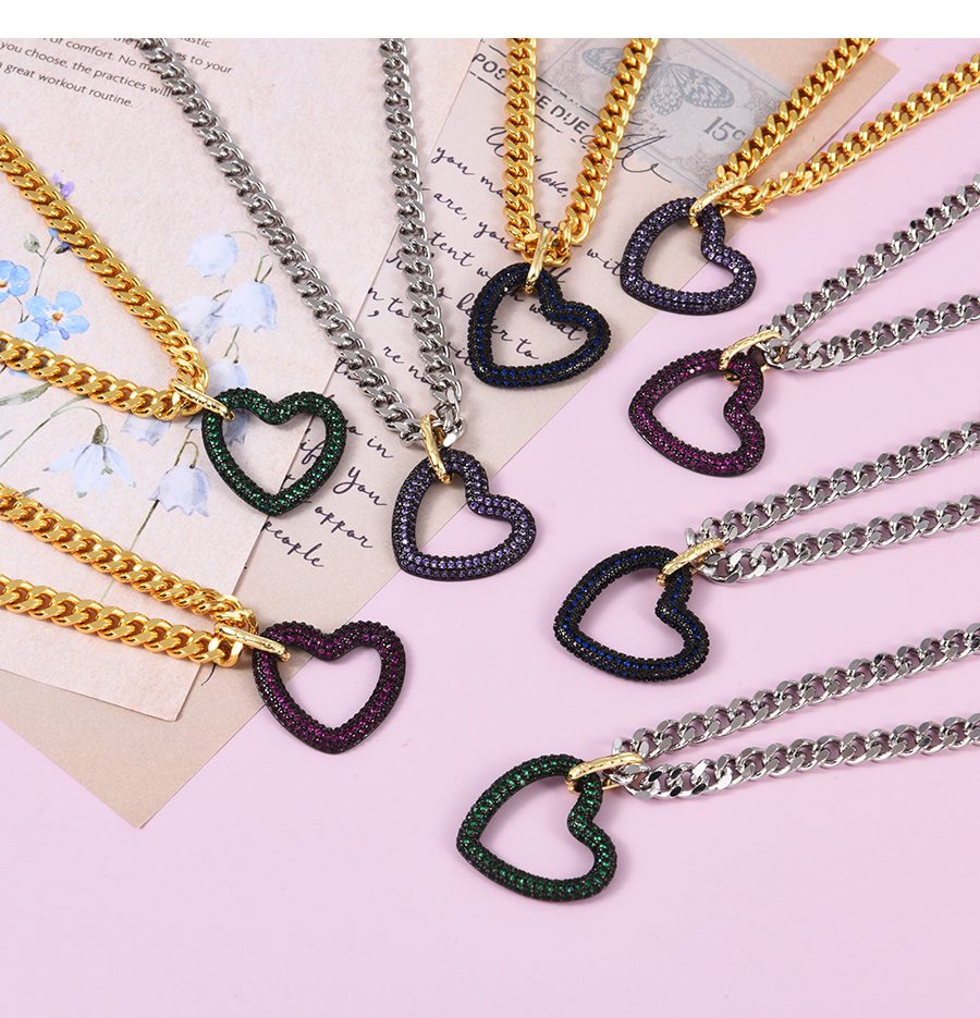 Fashion Golden Dark Blue Bronze Zircon Heart Pendant Chunky Chain Necklace,Necklaces