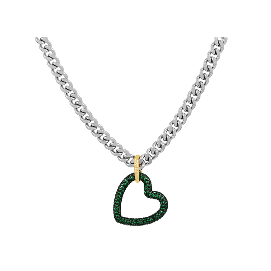 Fashion Golden Green Bronze Zircon Heart Pendant Chunky Chain Necklace,Necklaces