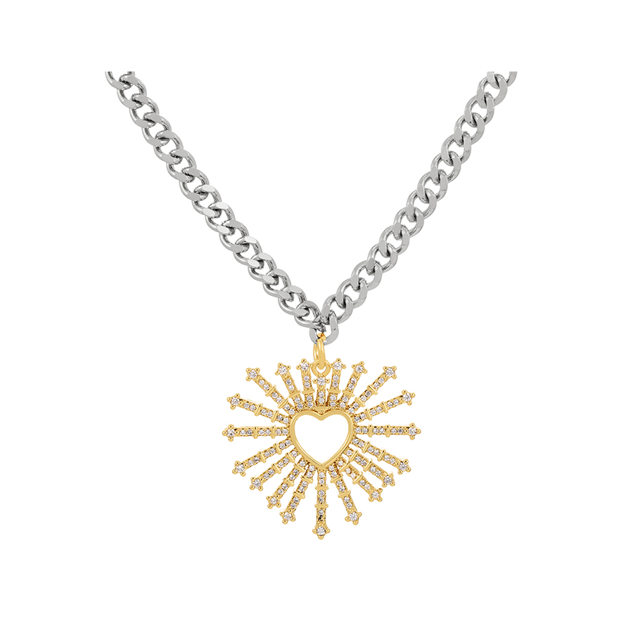Fashion Silver Bronze Zircon Heart Pendant Chunky Chain Necklace,Necklaces