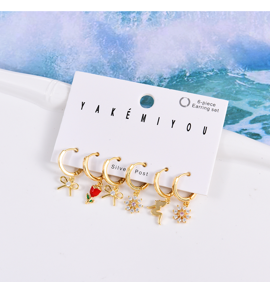Fashion Gold 6-piece Set Of Copper Inlaid Zircon Flower Bow Earrings,Earring Set