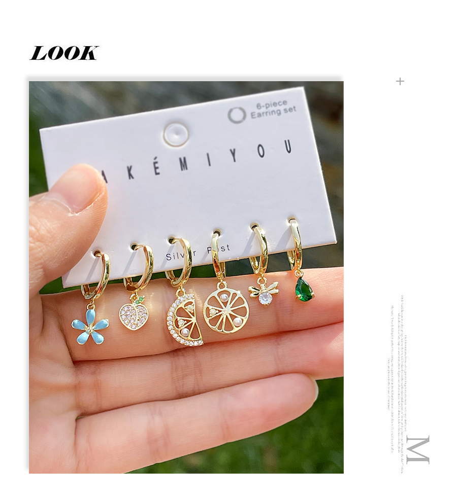 Fashion Gold 6-piece Set Of Copper Inlaid Zircon Fruit Flower Earrings,Earring Set