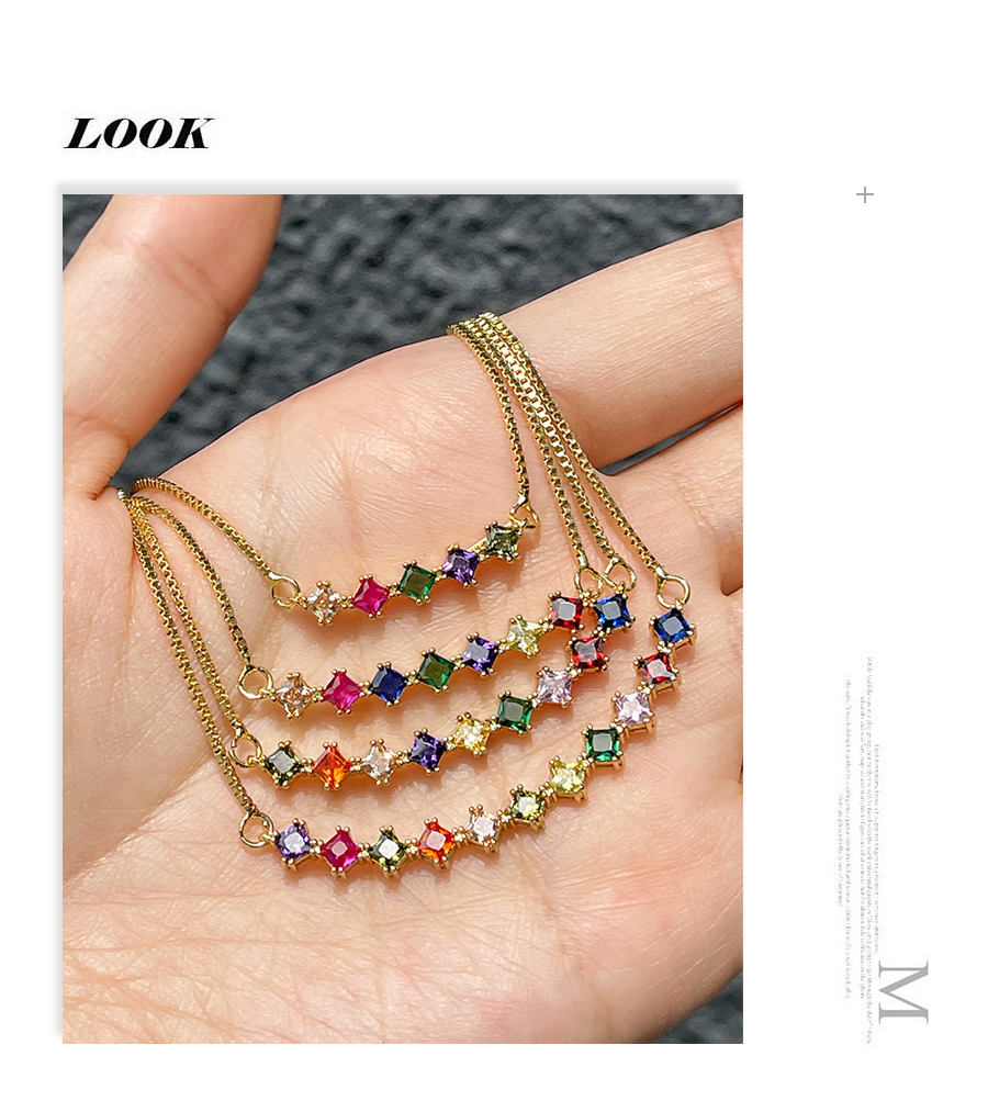 Fashion Color-2 Brass 5 Zircon Square Pendant Necklace,Necklaces