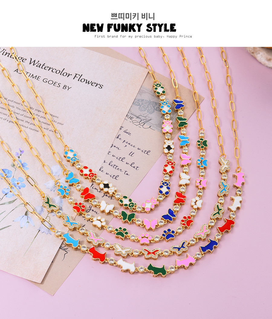 Fashion Color-5 Bronze Zircon Drip Oil Butterfly Chain Necklace,Necklaces