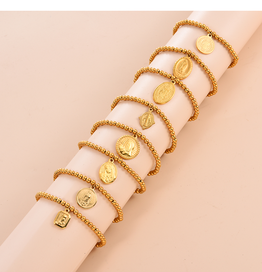 Fashion Gold-3 Titanium Steel Round Reversible Portrait Pendant Beaded Bracelet,Bracelets
