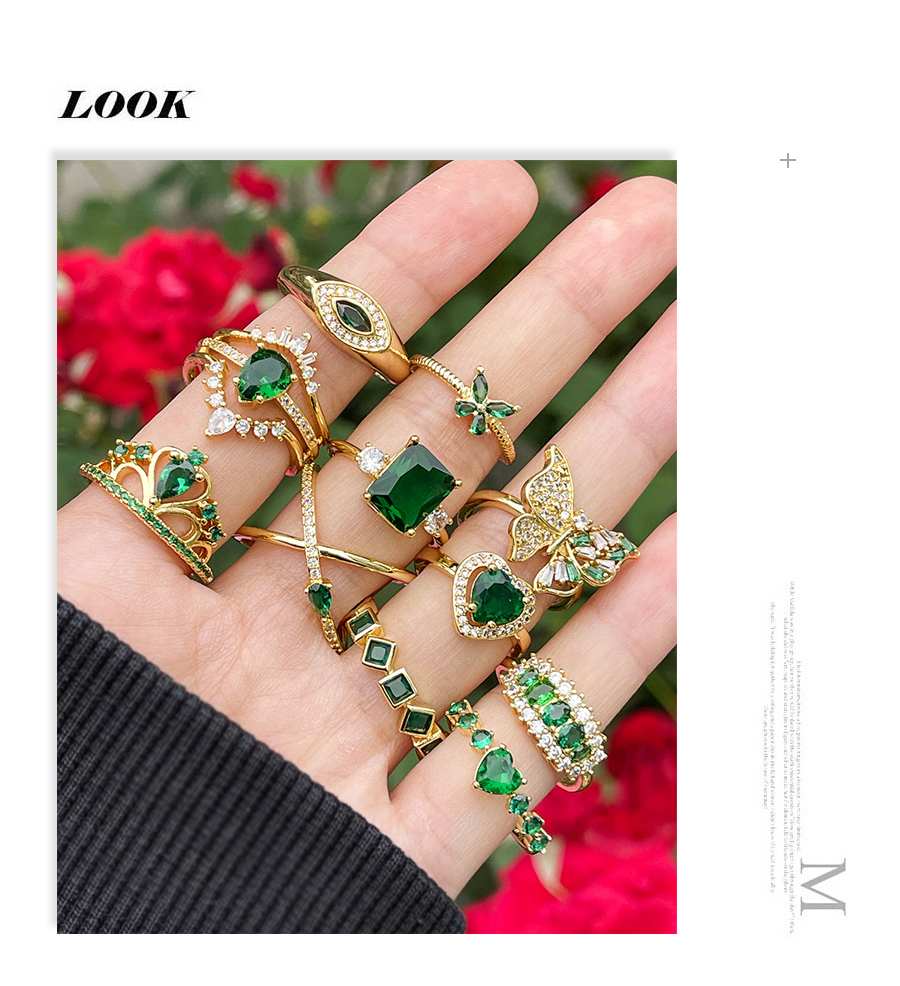 Fashion Green-3 Copper Set Zircon Heart Ring,Rings