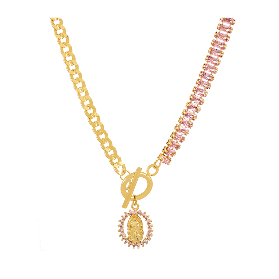 Fashion Pink Copper Inlaid Zirconium Chain Stitched Ot Buckle Portrait Pendant Necklace,Necklaces
