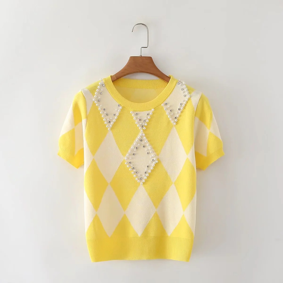 Fashion Yellow Polyester Quilted Pearl Short-sleeved Top,Sweater