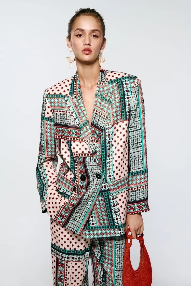 Fashion Color Woven Print Two-pocket Blazer,Coat-Jacket