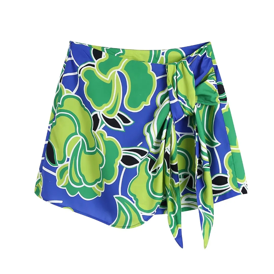 Fashion Green Printed Knotted Culottes,Shorts